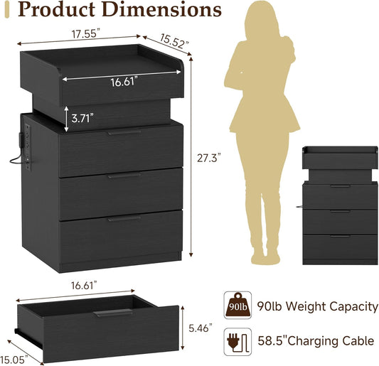 Black Nightstand with Charging Station & Lockable Hidden Drawer, App-Controlled LED Lights and Sliding Top, Bedroom End Table with Gun Storage(Right Charging)