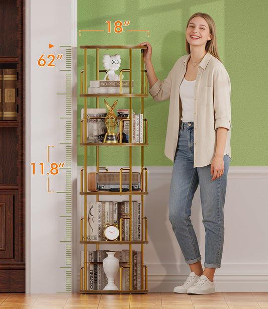 5 Tier Round Rotating Bookshelf Tower Gold,62” Tall Space Saving Spinning Bookshelf with Anti-Tipping Design,Metal Standing Revolving Bookcase Stackable for Small Spaces,Study,Living Room