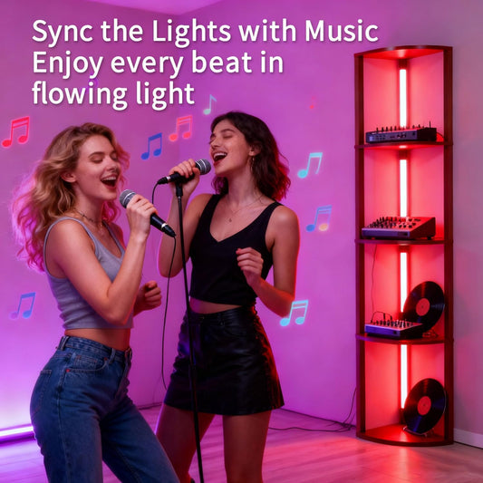 RGBCW Floor Lamp with Shelves, Smart Modern Floor Lamp with Music Sync, LED Color Changing Corner Display Shelf Lamp, Tall Lamps for Living Room and Bedroom, Bookshelf Lamp, Brown