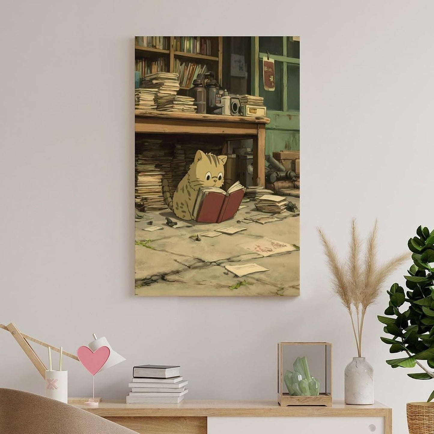 Kitten Sitting Room Full Books Clutter Seriously Reading Red Book Canvas Wall Art Living Unframe-style-2 08x12inch(20x30cm)