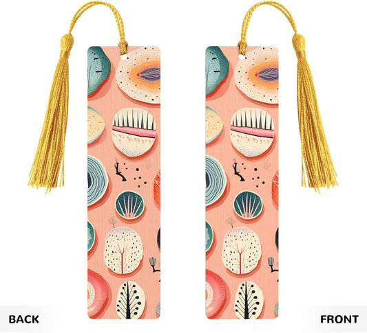 Hand Drawn Plate Bookmarks Gifts for Women Men, Wooden Bookmarks for Book Lovers, Vintage Book Marks Ornaments with Tassel, Unique Personalized Reading Page Markers Gold
