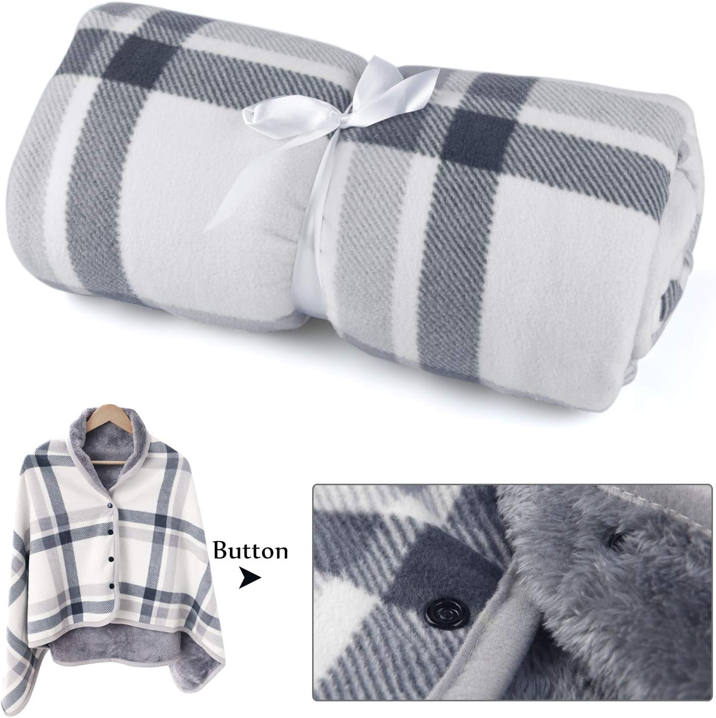 forestfish Fleece Wearable Blanket, Plaid Lap Blanket Comfy Poncho Throw with Buttons for Bed Sofa Office, Grey-White
