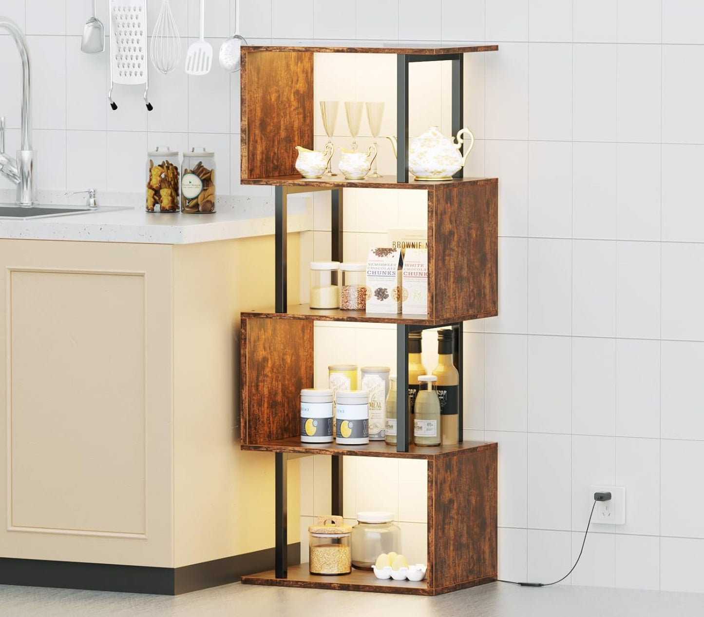 Furologee 5 Tier Geometric Bookshelf with LED Light, Small S-Shaped Bookcase, Industrial Display Standing Shelf, Metal Wooden Decorative Storage Shelves for Bedroom, Living Room, Office, Rustic Brown