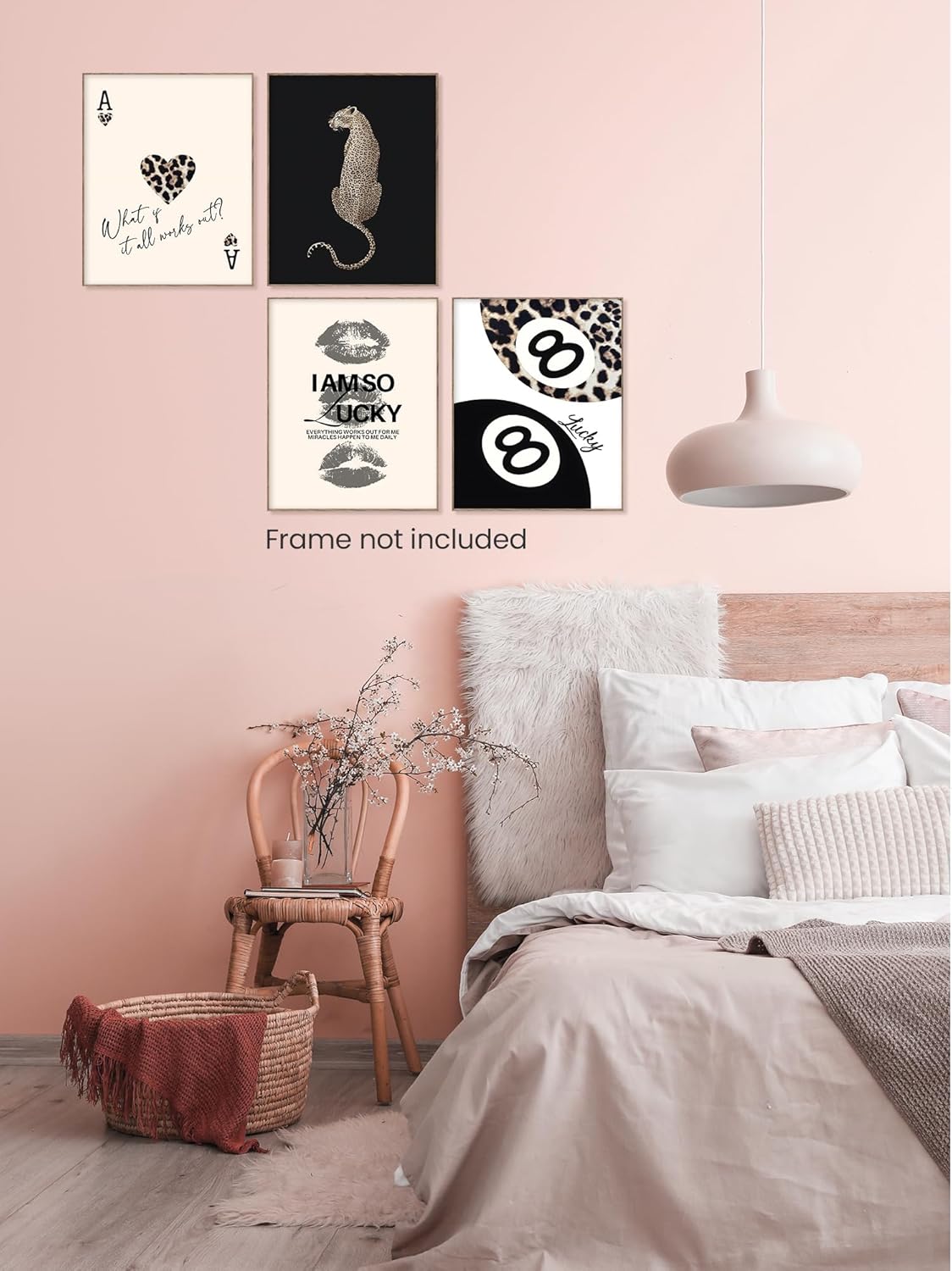 Trendy Leopard Print Lucky Girl 8 Ball Lips Cheetah Ace of Hearts Playing Card Wall Art Prints Set of 4, Funky Y2K Aesthetic Leopard Poster Wall Decor for Girls Room Dorm Apartment, 8x10 Unframed