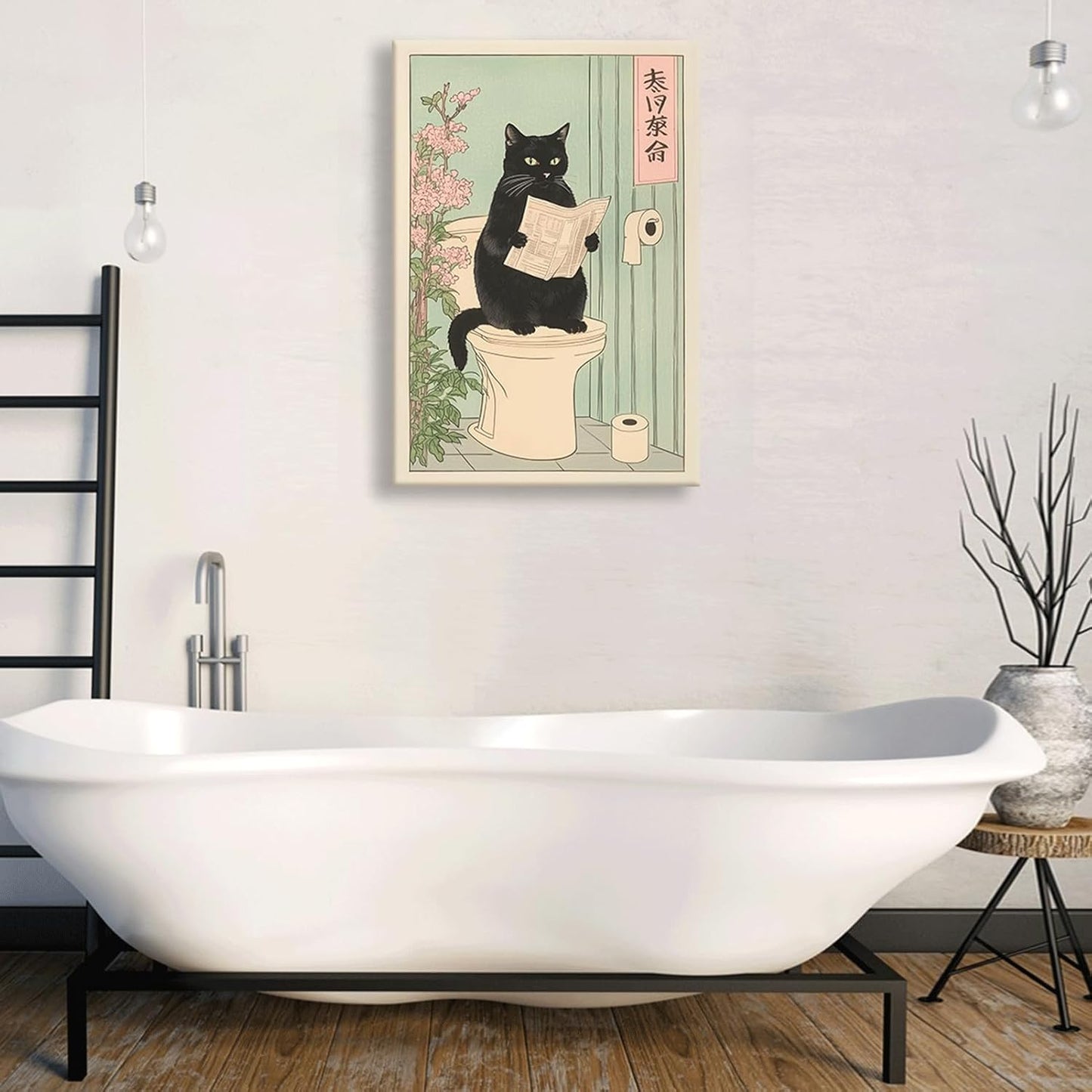 COYIKC Japanese black cat on toilet Canvas Wall Art Funny bathroom print Toilet poster Japanese Cat Wall Decor Pictures Aesthetic Minimalism Artwork Neutral Painting Home Decoration,12x16in