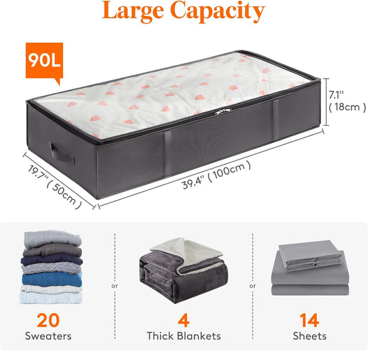 Lifewit 90L 4 Pack Under Bed Storage Containers, Large Capacity Blanket Storage Bags with Reinforced Handle, Organization and Storage for Comforters, Sheets, Clothes, Bedroom, College Dorm, Grey
