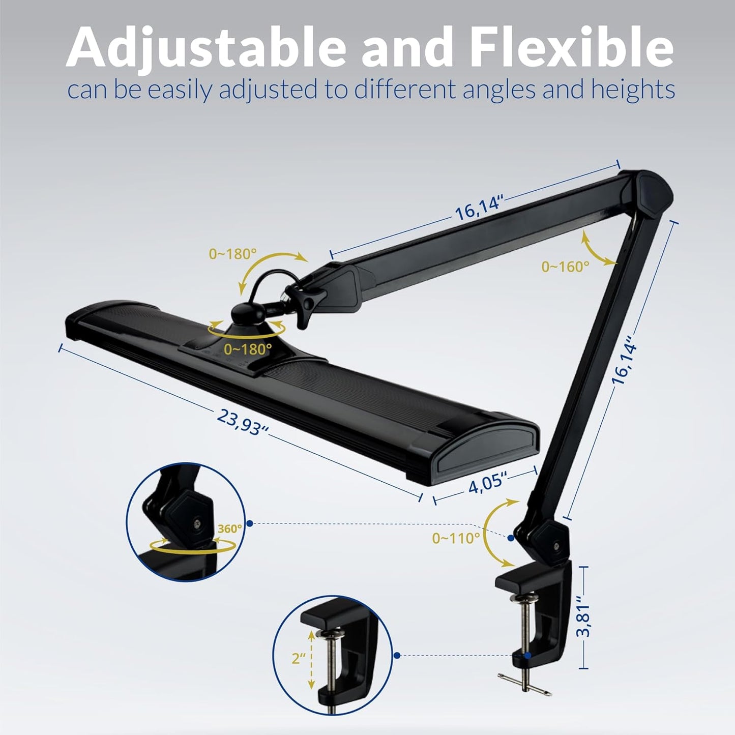 Ultra Bright 2300 Lumens Professional Eye Care LED Desk Lamp - Adjustable Brightness, Dimmable Modern Task Light with Clamp for Home Office, Beauty, Crafting, Workbench (Daylight, Dimming, Black)