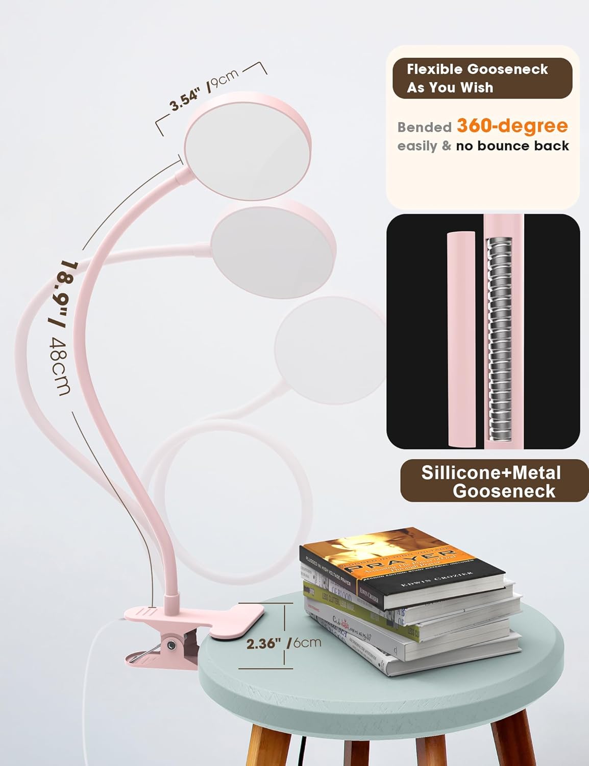 Desk Lamp Clip on Light 8W 66 LED Reading Light for Bed, 5 Colors 10 Dimming Levels, Eye Caring Metal Reading Lamp, Clip lamp for Bed Headboard Home Office (Pink)