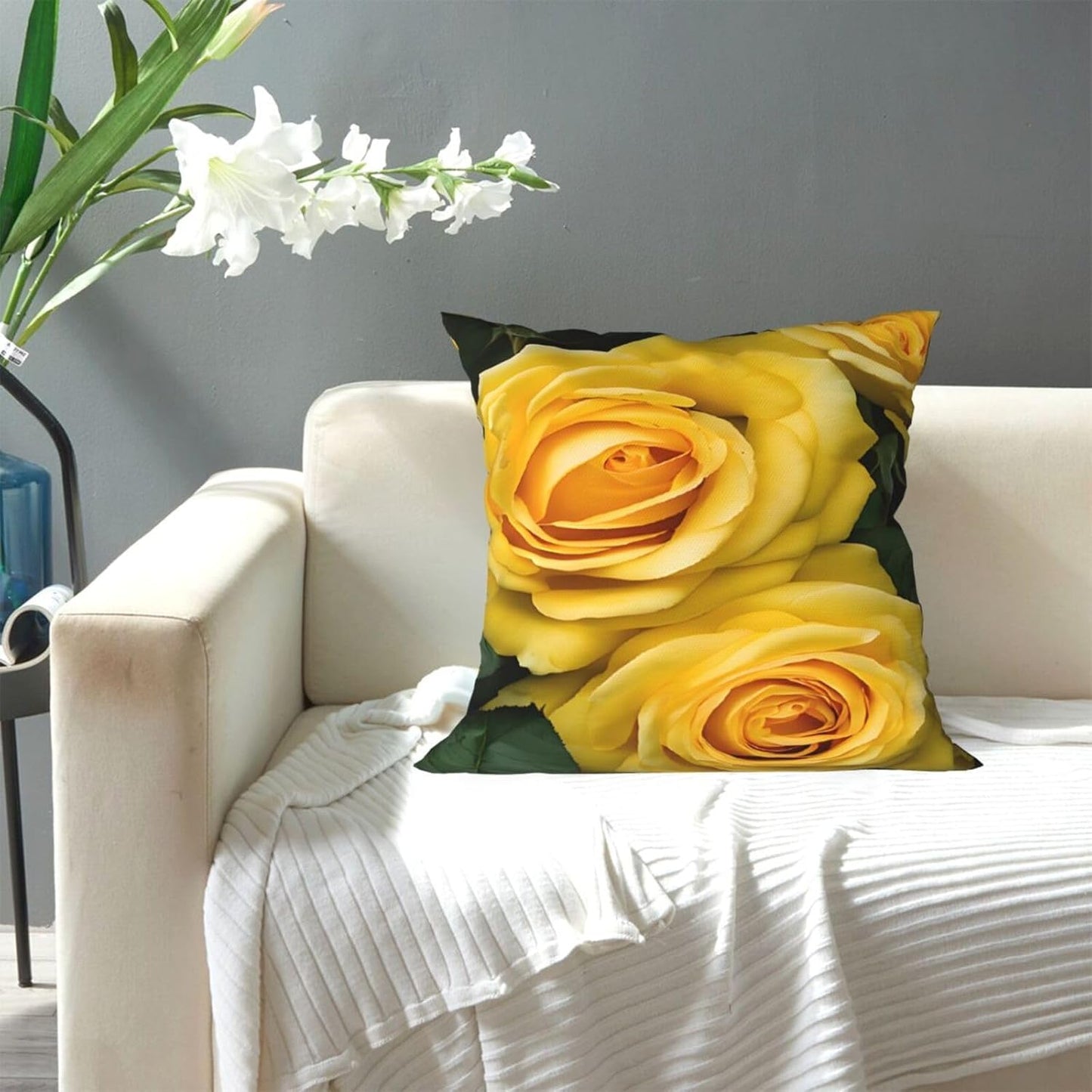 All-Season Square Pillow Covers 18"X18", Yellow Roses, Decorative Throw Pillow Covers for Sofa Bed Couch, Hidden Zipper Cushion Cover, Square Lumbar & Accent Pillowcases for Home Decor