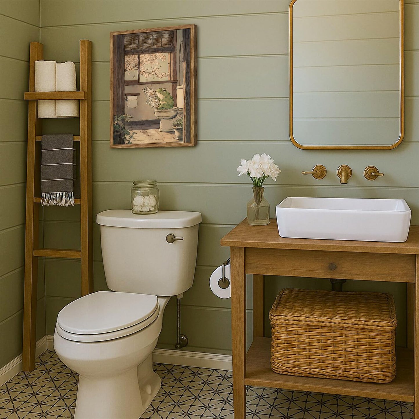 Funny Japanese Frog Bathroom Wall Art Whimsical Frog Reading Newspaper on Toilet Wall Decor Picture Vintage Animal Restroom Poster Canvas Painting Print 16x24 inch Wood Framed