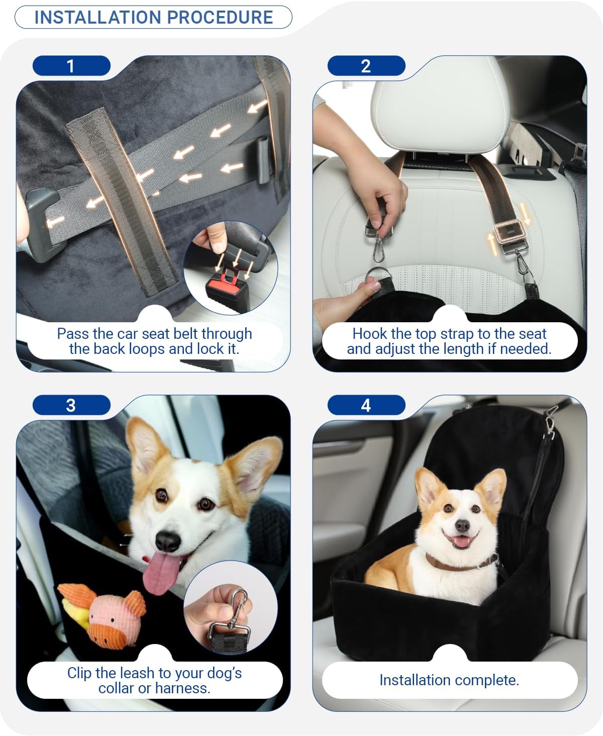 Dog Car Seat for Small Medium Dogs, Dog Booster Seat with Extendable Backrest, Pet Portable Car Seats up to 30 lbs, Washable Travel Bed with Storage Pockets and 2 Safety Leashes, Black