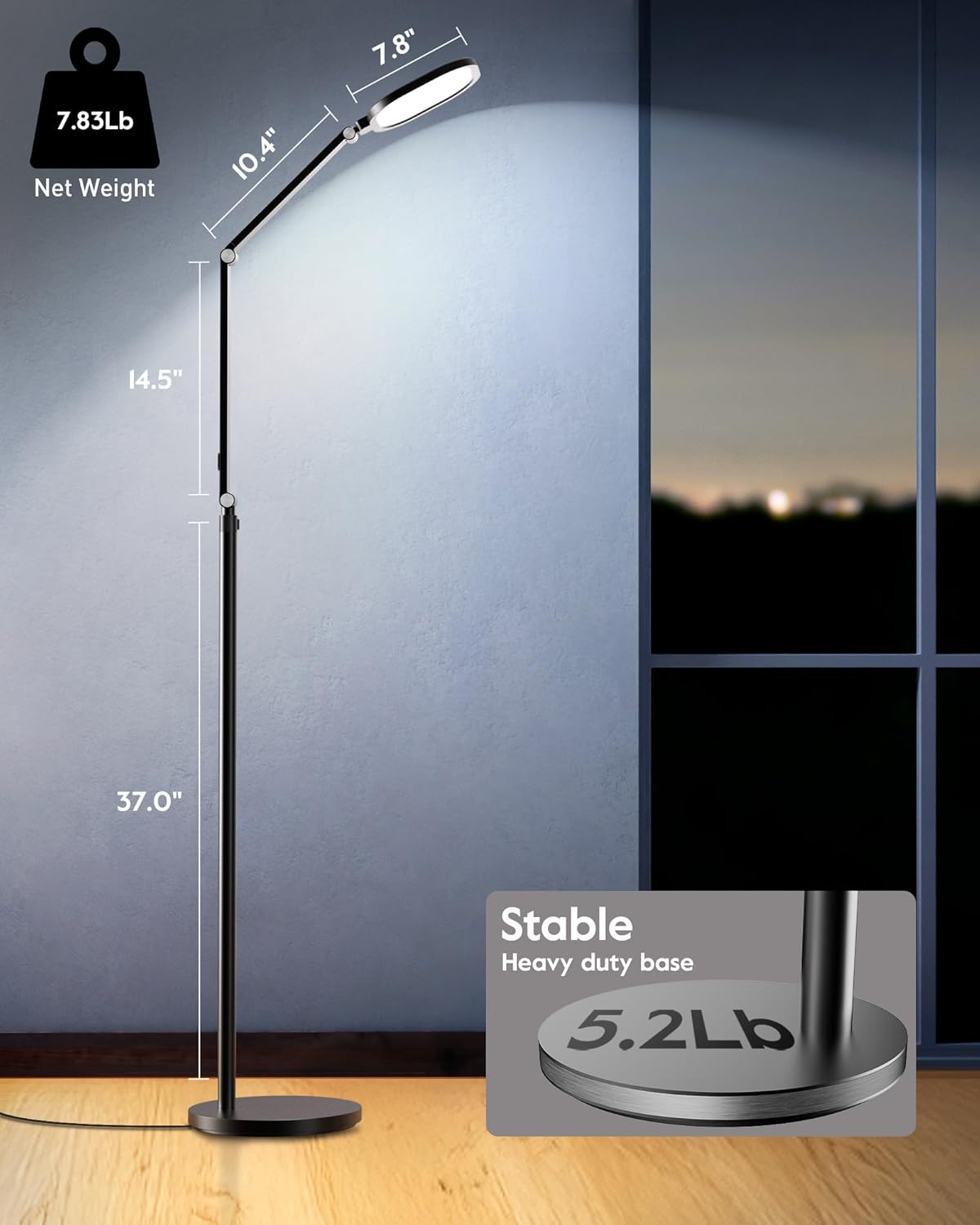 LED Floor Lamp for Office, 30 Lighting Modes Dimmable Standing Lamp with Memory & Timer Function, Soft Eye-Caring Office Lamp, Adjustable Swing Arm Reading Floor Lamp