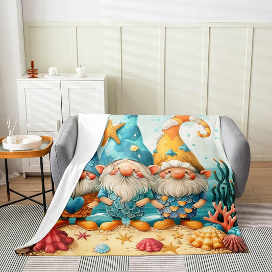Erosebridal Summer Gnome Fleece Throw Blanket 40x50, Coastal Beach Gnomes Soft Flannel Blanket for Kids Boys Girls, Starfish Sea Shell for Sofa Bed Couch, Sea Ocean Theme Room Decor All Seasons