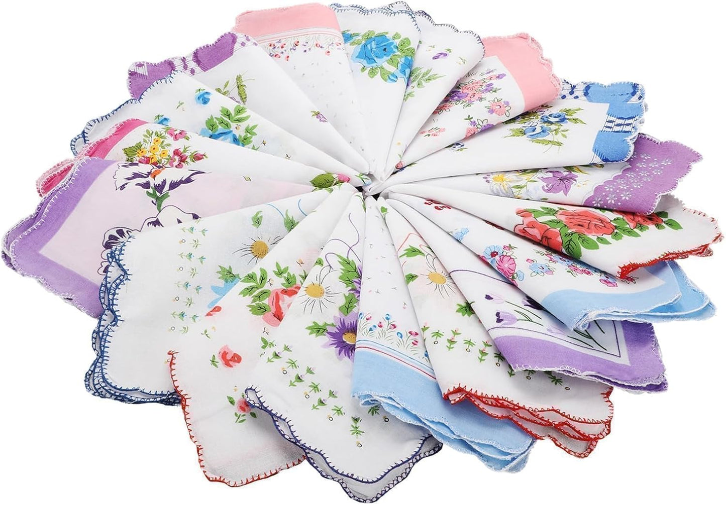 EEEKit Women Cotton Handkerchiefs, 20PCS Vintage Floral Print Handkies with Wavy Edge for Wedding Party Gifts, 11X11 in