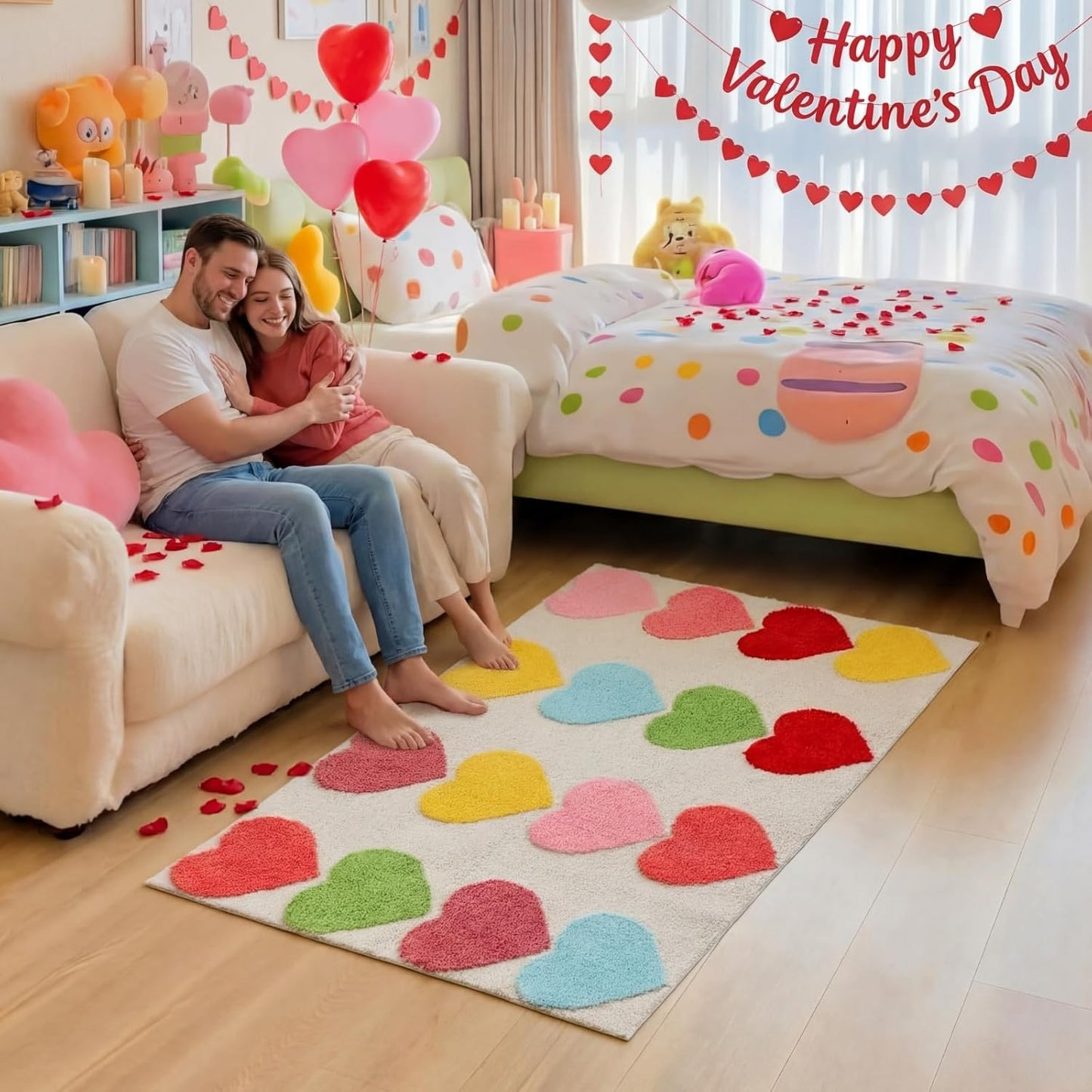Nuanchu 3D Calm Corner Classroom Rug 3x5 ft Washable Calming Corner Rug Non-Slip Soft Fluffy Large Preppy Heart Area Rugs Motivational Space Floor Carpet for Nursery Playroom Reading Home Decor