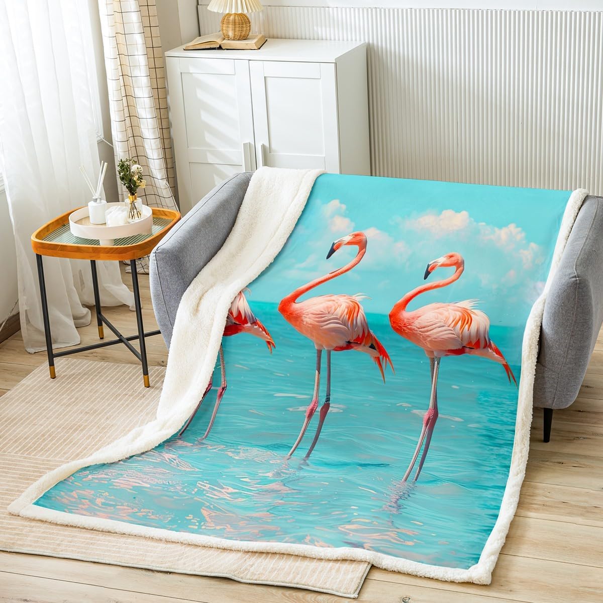 Feelyou Flamingo Sherpa Throw Blanket Bright Animal Plush Blanket Tropical Flamingo Pattern Fleece Blanket for Sofa Bed Couch Teal Ocean Bird Fuzzy Blanket Ultra Soft Room Decor Throw 50"x60"