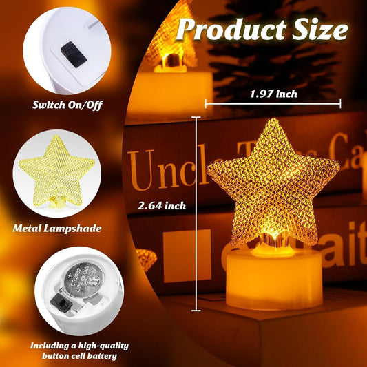 12PCS Star Tea Lights Candles(Ironwork), LED Flameless Candles Battery Operated for Holiday Gifts, Led MINI Electric Faker Votive Tealight Candles for Desk, Birthday Decorations (Star, 12)