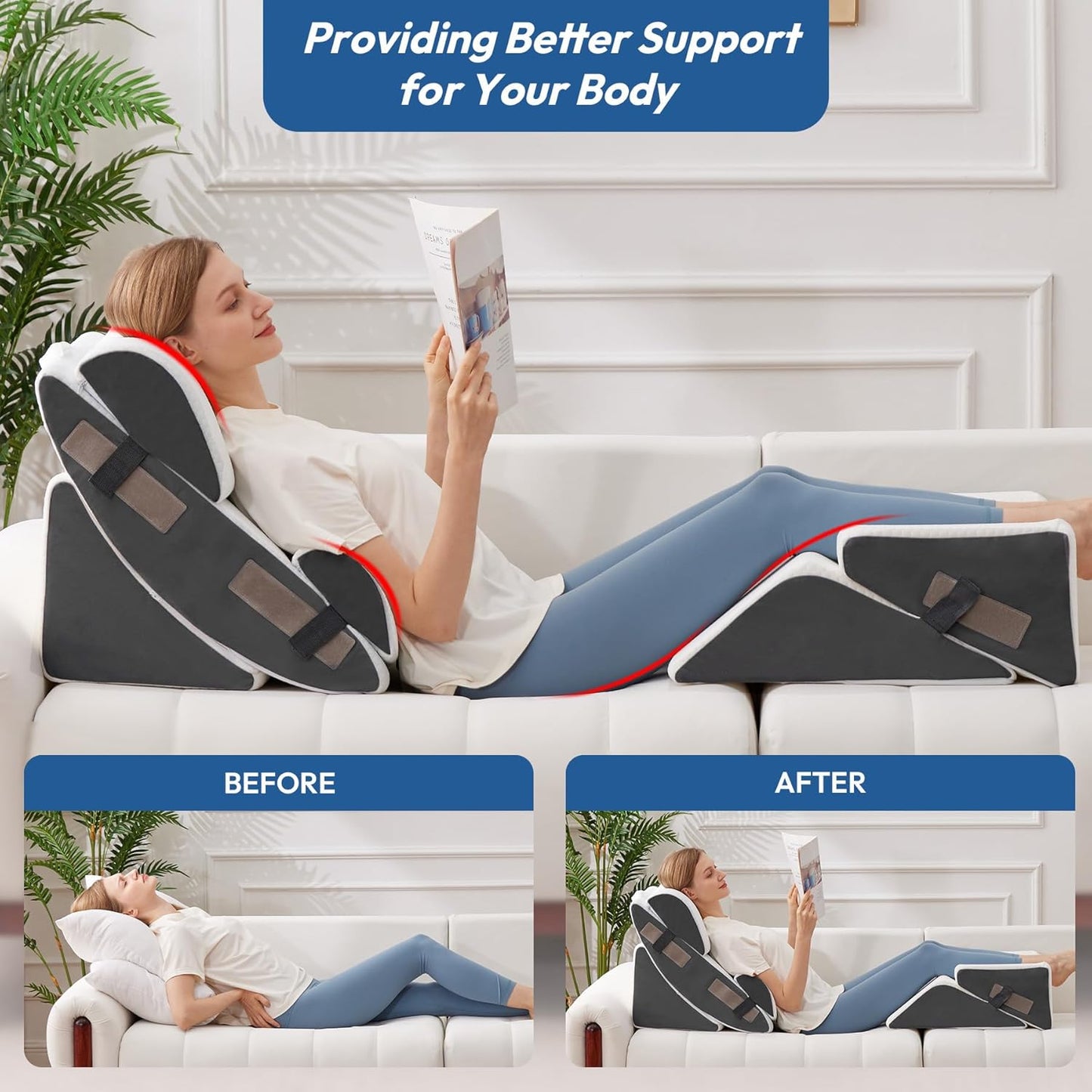 6PCS Wedge Pillow Set for After Surgery, Bed Wedge Pillow Post Surgery, Bed Pillows for Sitting Up, Sleeping, Acid Relux, Memory Foam Back Pillow, Beds Wedges & Body Positioners, White/Grey