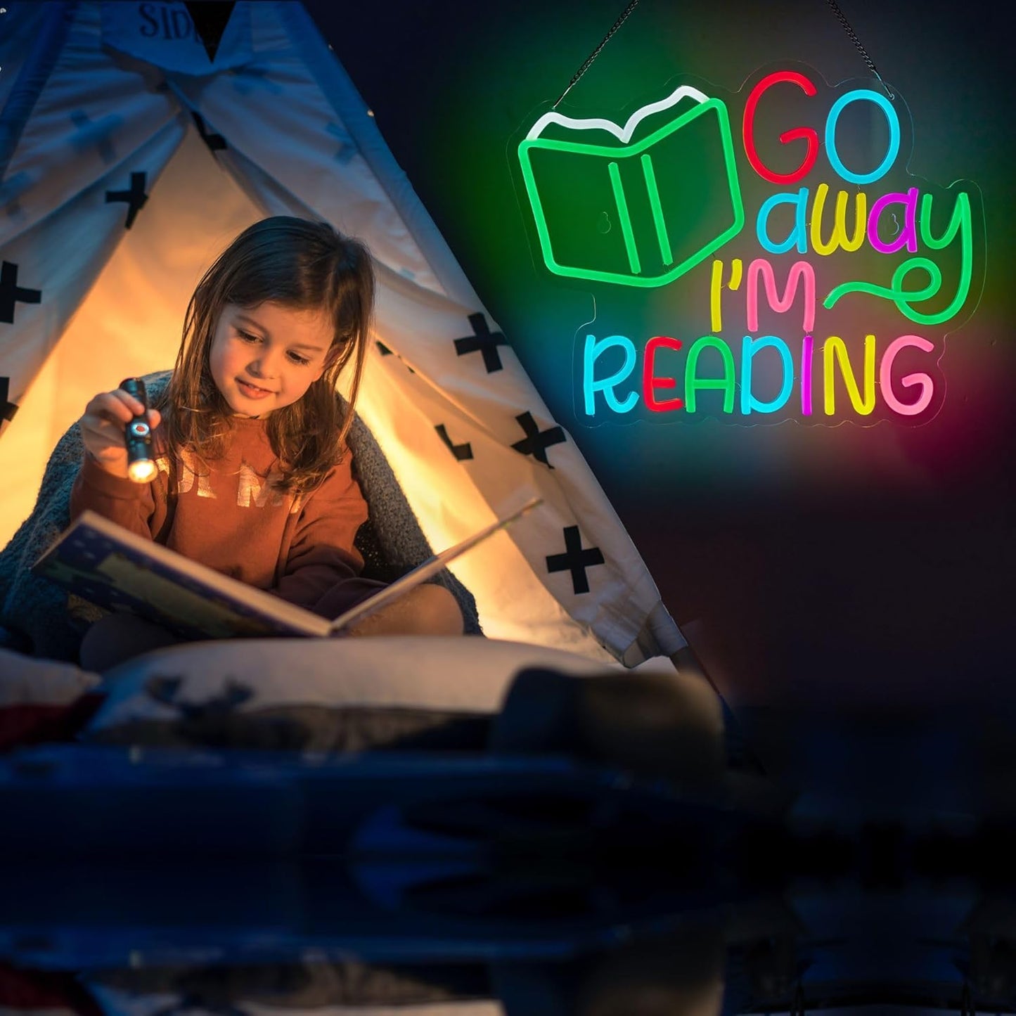 Read Books Neon Sign Go Away I Am Reading LED Light for Kids Room School Library Classroom Wall Decor Dimmable Multicolored Signs (16.5 X 12.6 inch)
