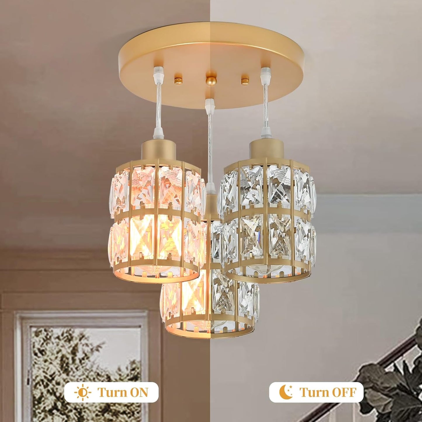 Modern Gold Crystal Pendant Light Fixture - 3-Light Adjustable Hanging Lamp for Kitchen Island, Dining Room, Living Room & Bedroom | Dimmable, Quick Install Farmhouse & Industrial Pendant Lighting