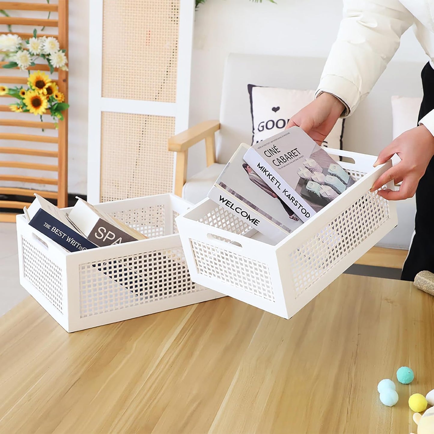 Wood Storage Baskets, Rattan Storage Baskets, Desk Office Drawer Storage Box. (White-Set2)