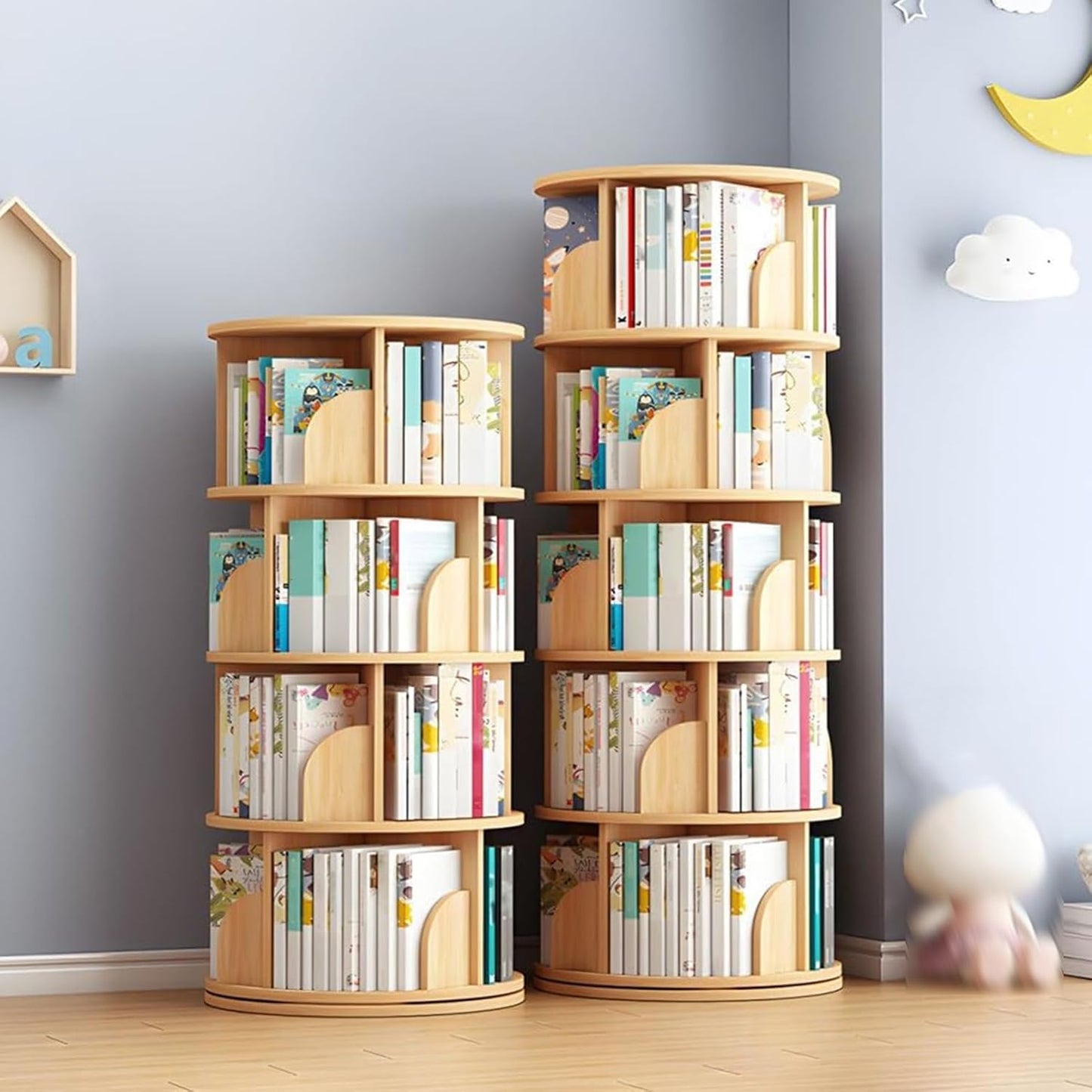 YVYKFZD 360° Rotating Bookshelf, 4/5 Tier Bookcase, Circular Display Storage Rack, Floor Standing Book Shelf with Baffle, for Home Living Room Study Office(Wood,4 Tier 49.6x18.1x18.1in)
