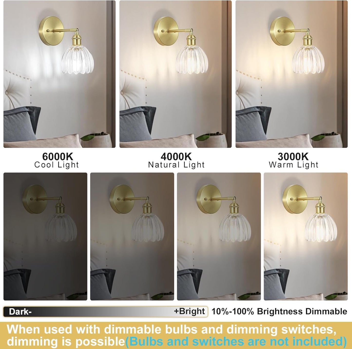 Hardwired Wall Sconces Set of Two, Vintage Wall Lights with Clear Tulip Glass Lampshade, Gold Wall Lamps for Bedroom Bedside Stairway Bathroom Living Room (Bulbs Not Included, Not Battery Powered)