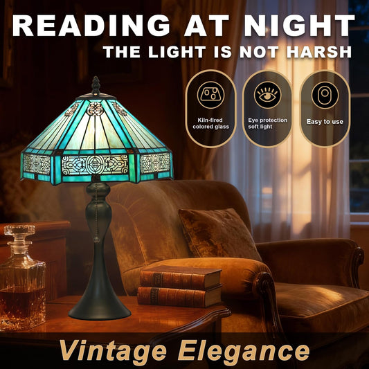 Tiffany Style Table Lamp, Stained Glass Lamp, 12x12x19 Inch, Vintage Metal Base Desk Light,(Green)