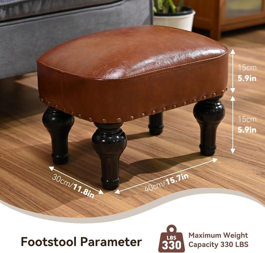 Leather Ottoman Footrest,Rustic Foot Stools Seat,Wood Footstool Rectangle Footrest Small Ottoman for Bedroom,Living Room,Office,Entrance Hall (DEEP Brown)