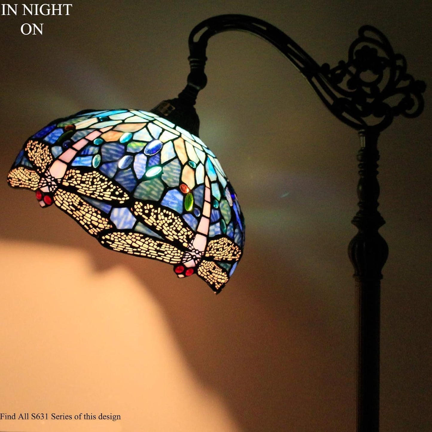 WERFACTORY Tiffany Floor Lamp Blue Stained Glass Dragonfly Arched Lamp 12X18X64 Inches Gooseneck Adjustable Corner Standing Reading Light Decor Bedroom Living Room S631 Series