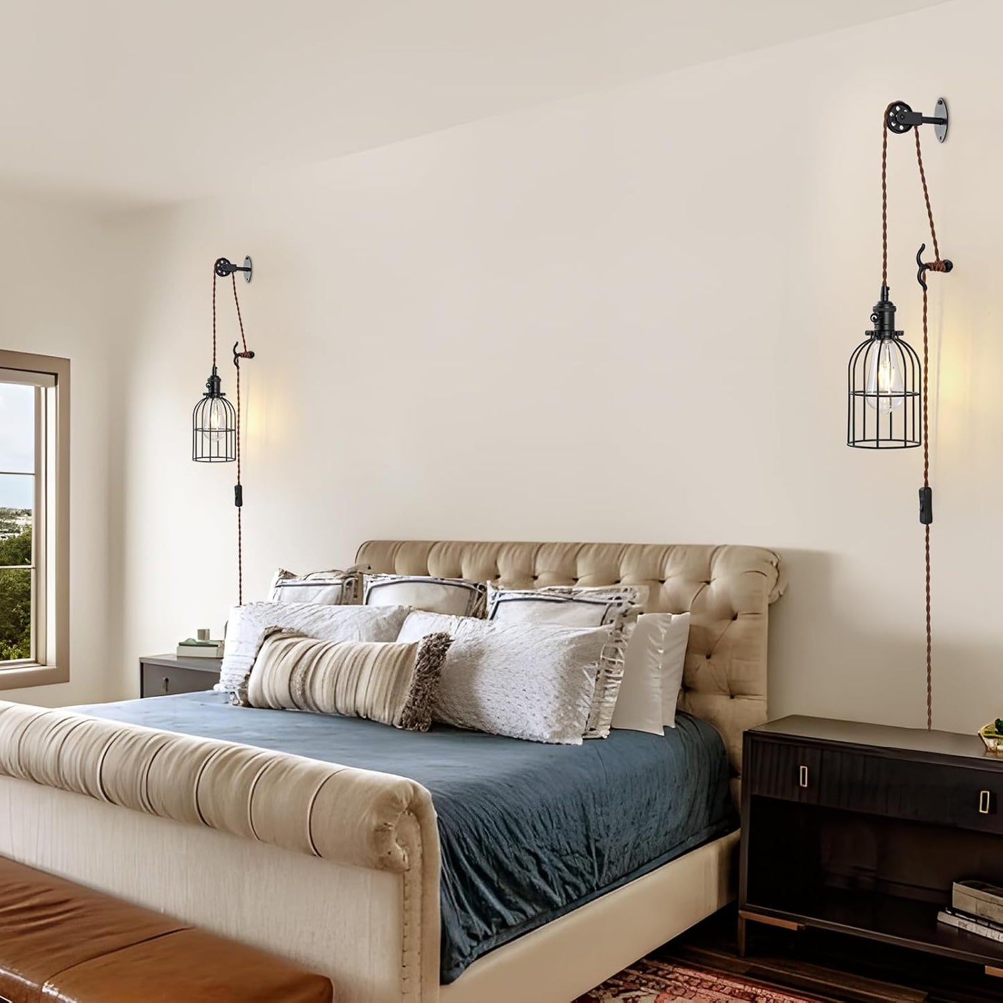 SEEBLEN Plug in Pendant Light Set of 2,Industrial Hanging Lamps that Plug into Wall Outlet,Farmhouse Pulley Pendant Light with Plug in Cord, Wall Lamps for Bedroom Living Room Kitchen.