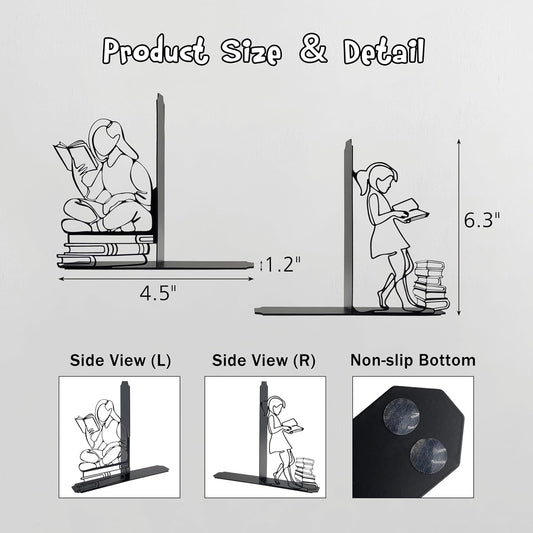 Cute Bookends Decorative, Durable Metal Book Holders with Timeless Appeal, Black, 1 Piece, 6.3x4.5x1.2 inches