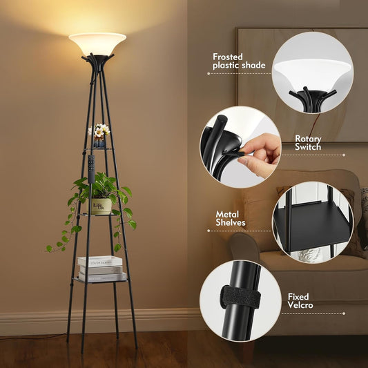 Luvkczc Upgraded Floor Lamp with 3-Tier Shelves & Remote, 69-inch Dimmable Standing Lamp with Adjustable Color Temperatures, Modern Torchiere Floor lamp for Living Room, Bedroom, Office