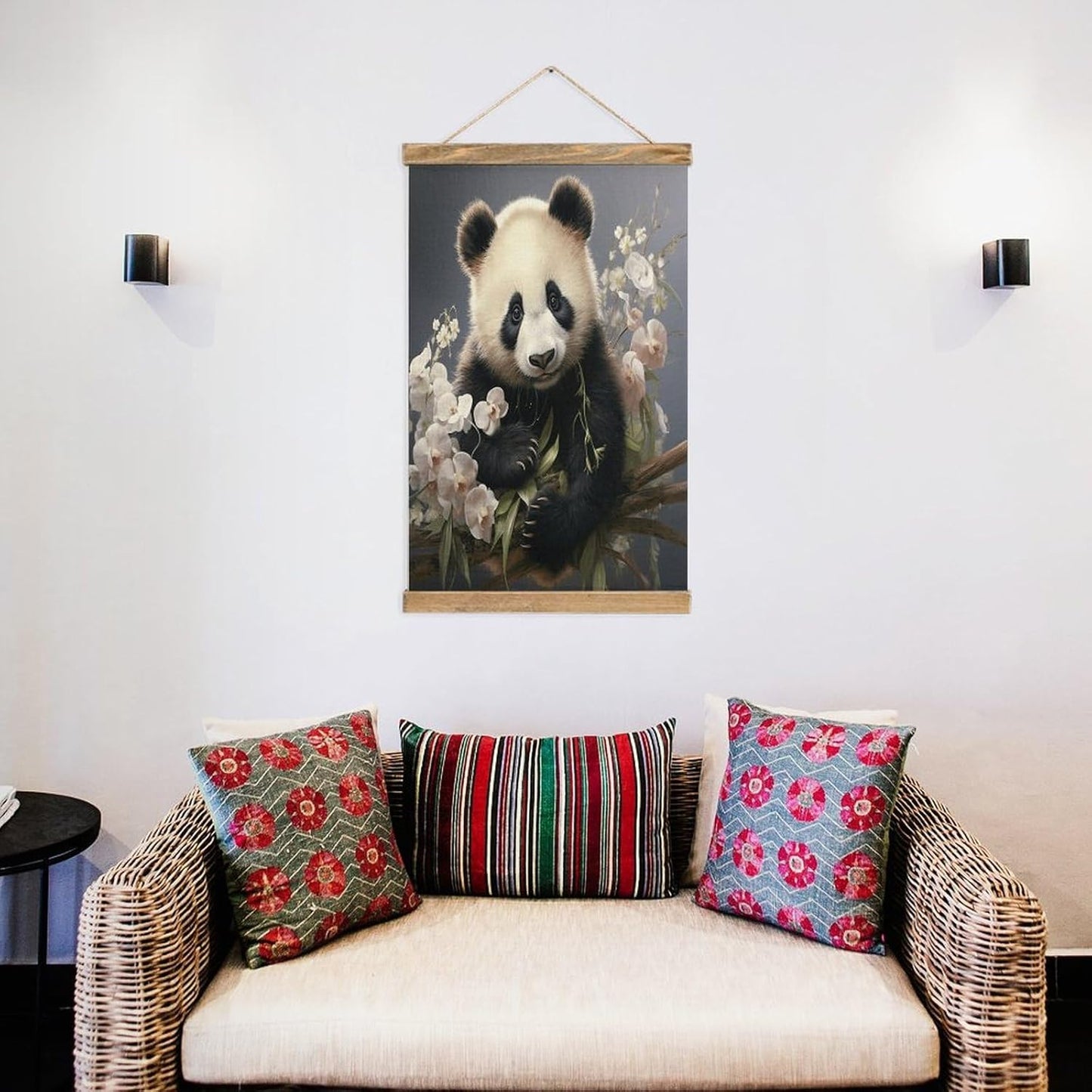 Vintage Panda with Flower Poster with Wooden Frame Personalized Linen Hanging Scroll Painting Rustic Wall Hanging Illustrative Modern Artwork Decor for Home Living Room Bedroom Office