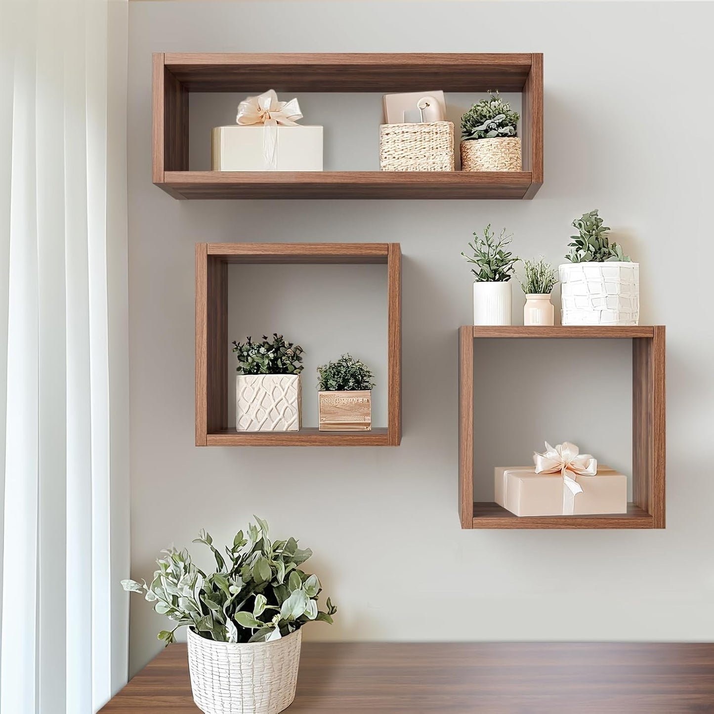 Kaboon 24in Floating Cube Shelves Set of 2, Display Shelves Wall Mount, Decorative Hanging Shelves for Kitchen Living Room Office,(Dark Walnut, Rectangle 2 Cubes)