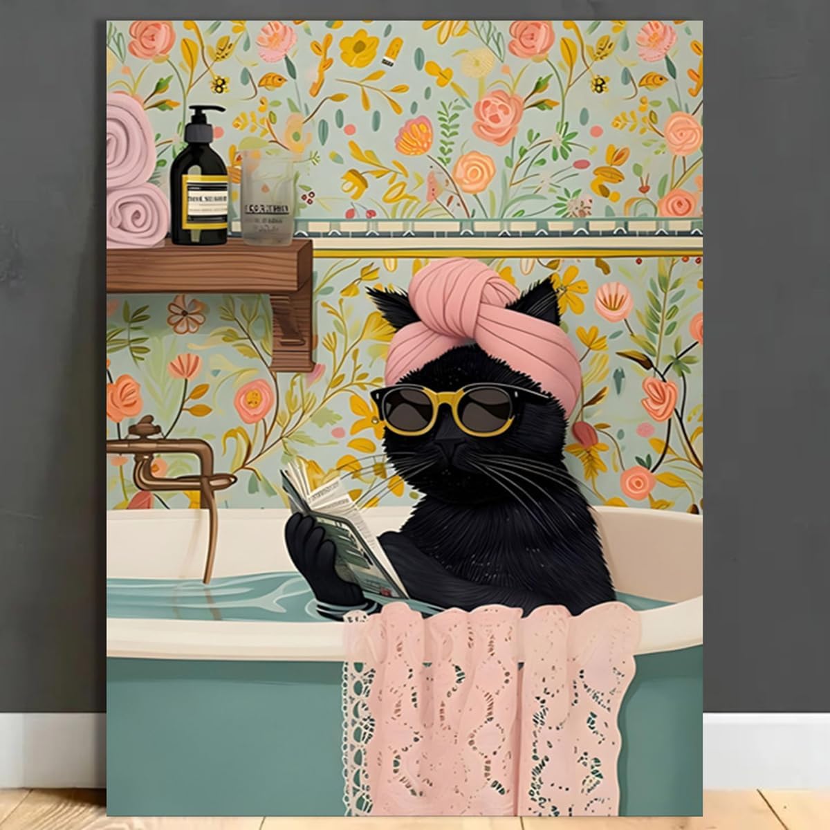 Claudeshop Black Cat Reading Wall Art Decor Poster, Animals Abstract Painting Prints for Bedroom Bathroom Canvas Wall Decor Mural Artwork 12x16in (Unframed)