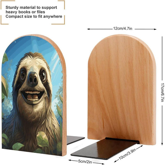 Cartoon Funny Sloth Bookend for Shelves Wooden Book End Large Size Sturdy Book Holders Stoppers with Metal Base for Bookshelves Slick Decorative Bookends Stands