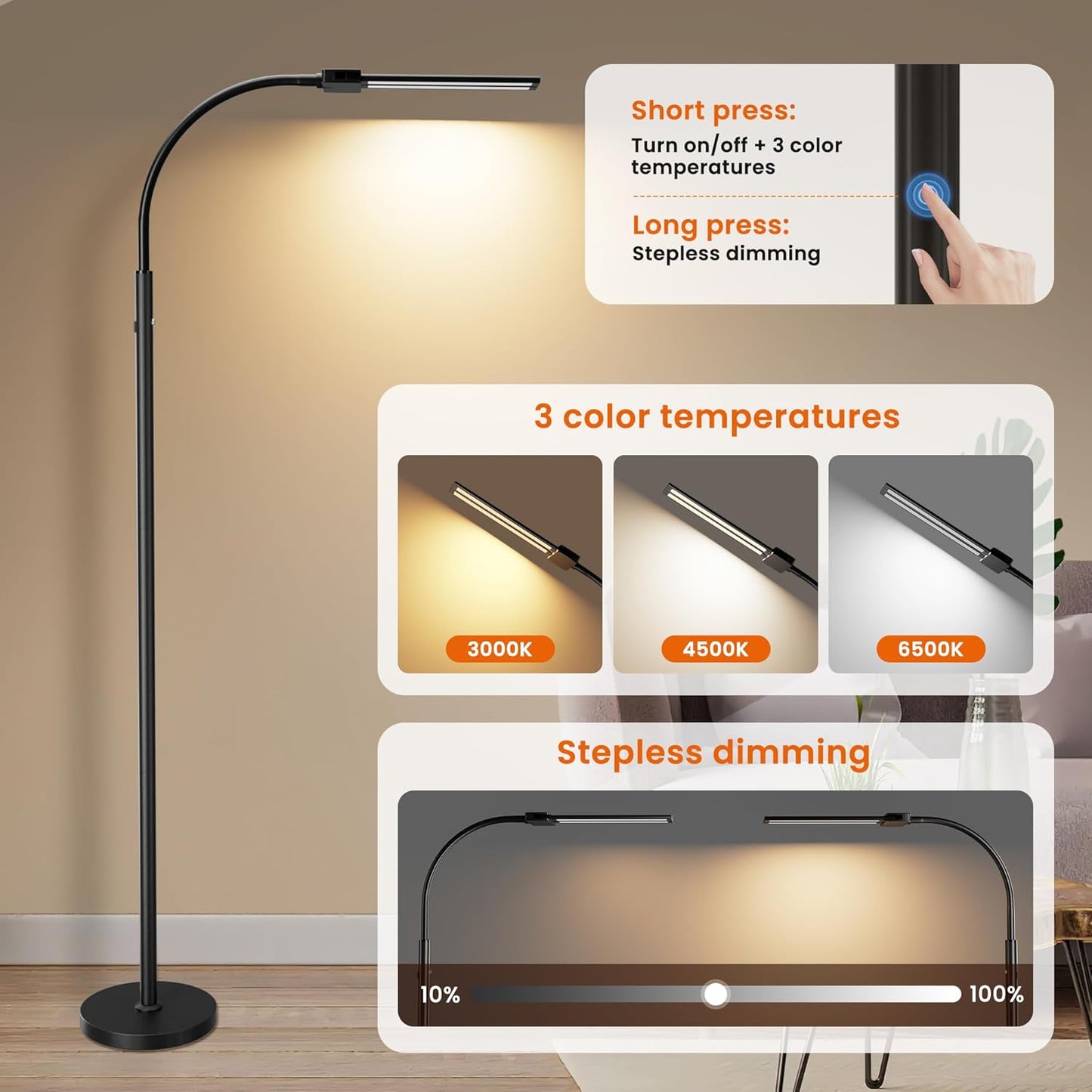 Cordless Floor Lamp LED Rechargeable - 15W Dual Head Adjustable Gooseneck Reading Light, 8000mAh Battery, Touch Control IP54 Waterproof, for Living Room, Bedroom & Emergency Lighting