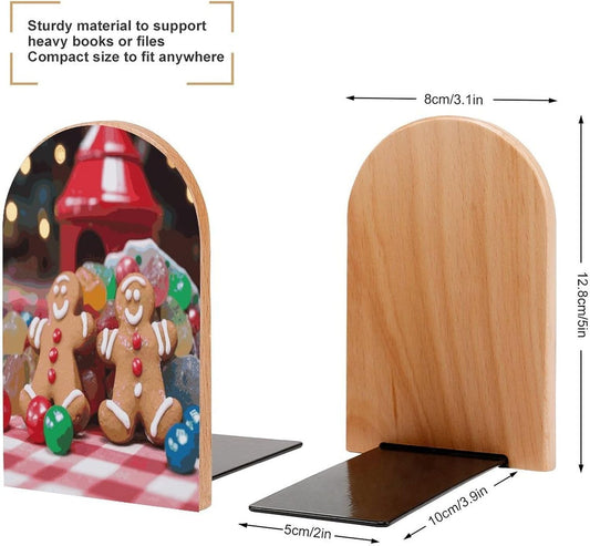Gingerbread Man Candy Bookends 1 Pair Heavy Duty Book Ends for Shelves Non-Skid Bookend Supports Wooden Book Holders with Metal Base Desk Organizers Books Storage to Hold Books