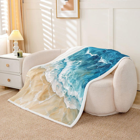 Feelyou Beach Wave Throw Blanket Coastal Sand Soft Fleece Sherpa Cozy Fuzzy Plush Warm Tropical Shore Fuzzy Plush Throw Ocean Themed Queen 90"x90" Seaside Gradient for Bed Couch Living Room