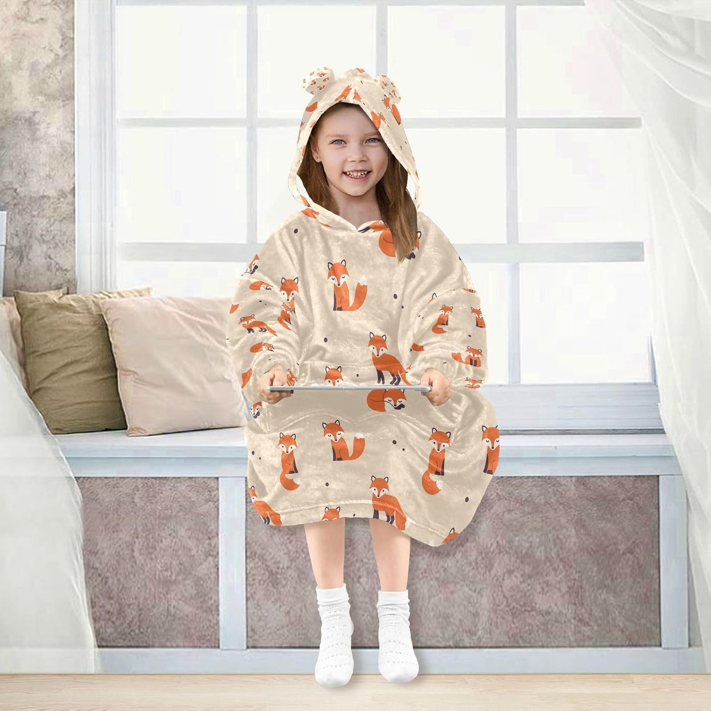 YETTASBIN Fox Wearable Blanket Hoodie for Kids, Oversized Soft Cozy Flannel Sweatshirt Blanket with Pocket