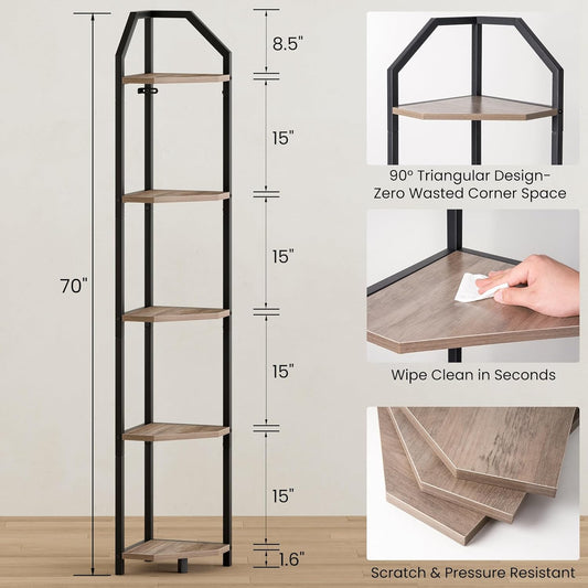70 Inch Corner Shelf with LED Lights, 5-Tier Corner Bookshelf for Small Spaces, Wood & Metal Storage Rack for Bedroom, Living Room, Office - Modern Space Saving Design- Grey