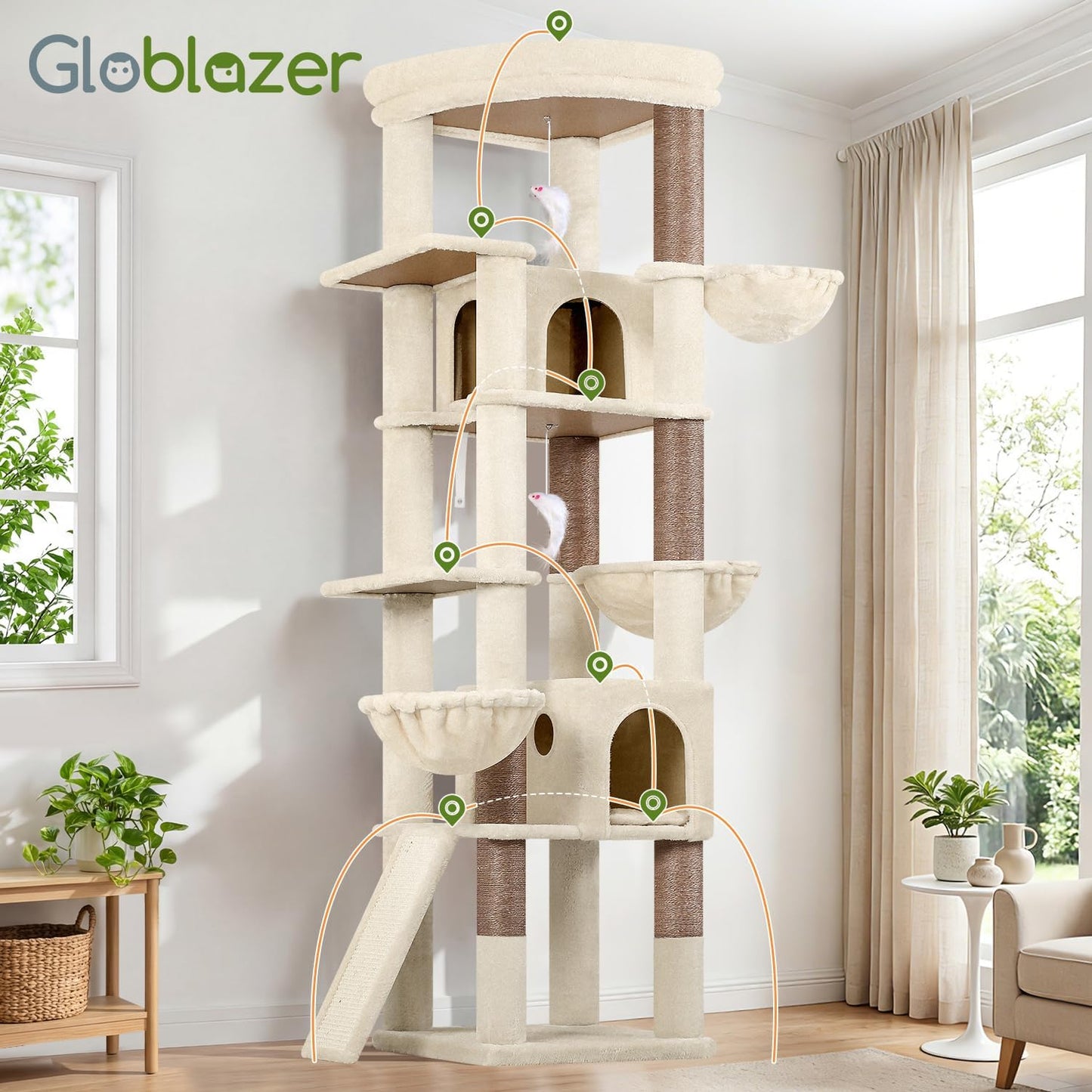 Globlazer Extra Large Cat Tree, 78 inch Sturdy Tall Cat Tree Tower for Indoor Multiple Large Adult Cats Kittens with 6 Scratching Posts, Enlarged Top Perch, 2 Padded Condos, S78G, Beige