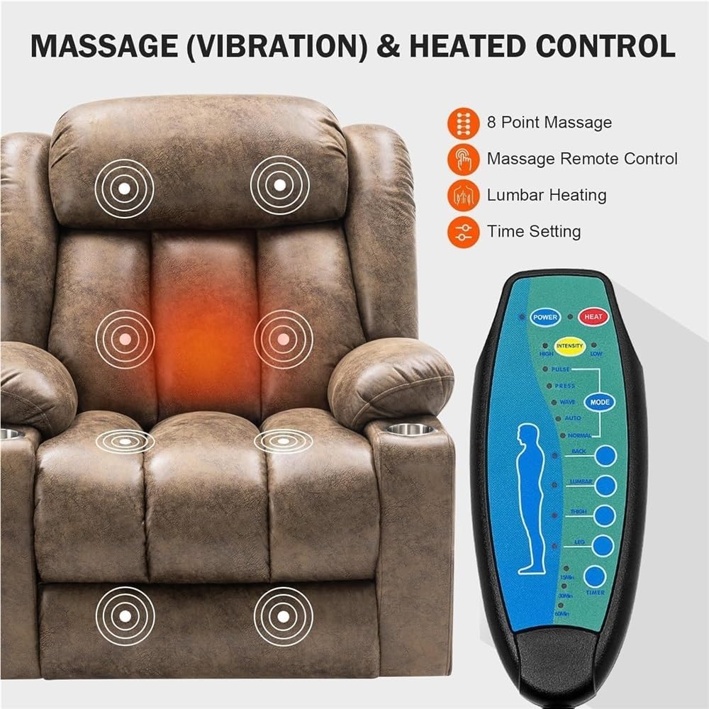 Power Lift Recliner Chair with Massage & Heat – Overstuffed Wide Electric Recliner with Infinite Position Adjustment, USB & Type-C Ports, Cup Holders, Leather Living Room Seating for Adults
