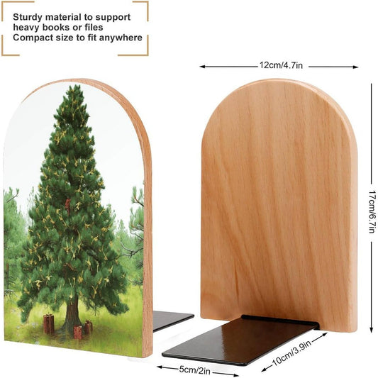 Garlad Pine Tree Bookend for Shelves Wooden Book End Large Size Sturdy Book Holders Stoppers with Metal Base for Bookshelves Slick Decorative Bookends Stands