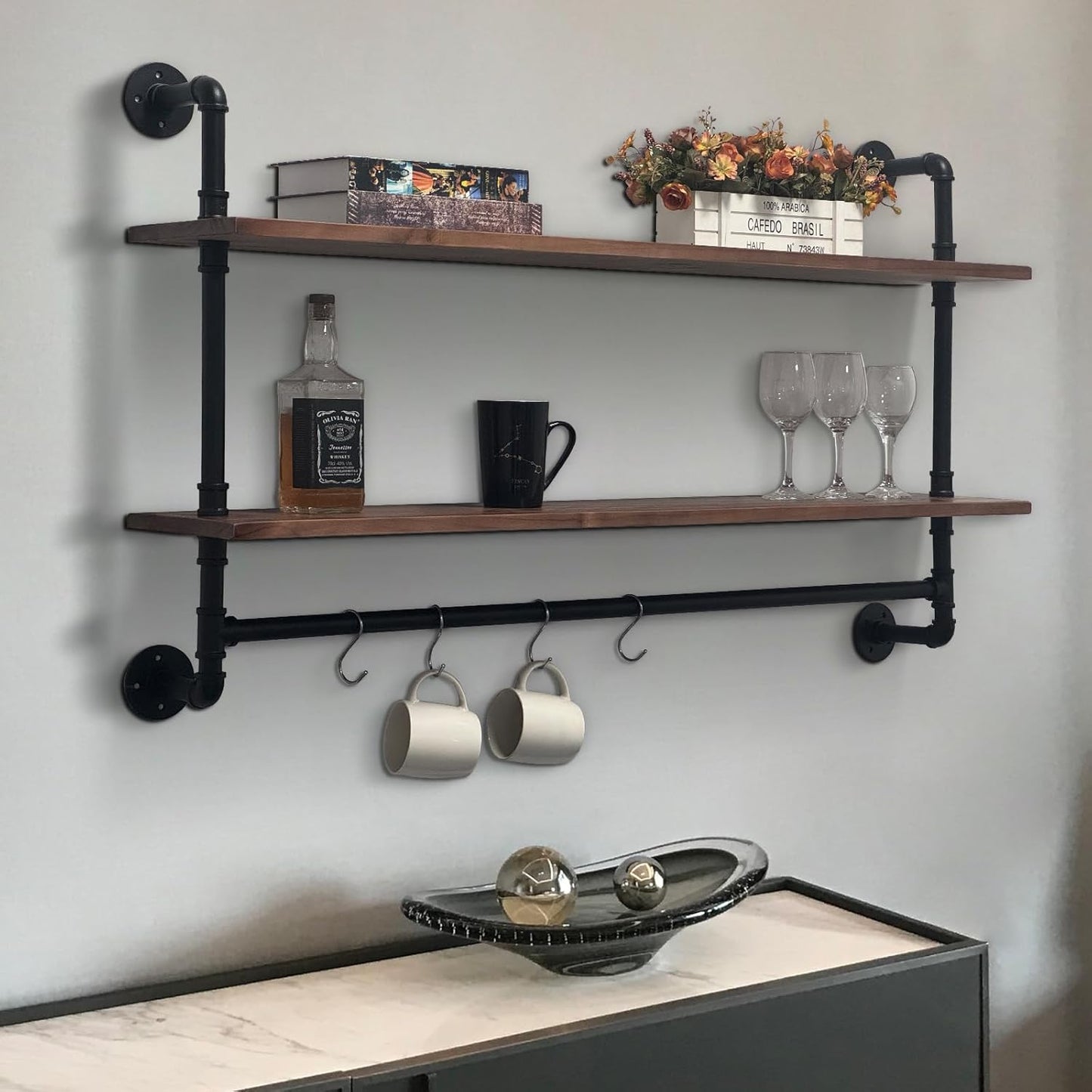 Industrial Pipe Shelving Pine Shelf,Pipe Shelves with Wood Planks,Wall Mounted Bookshelf,Floating Bar Shelves(2 Tier 42In)