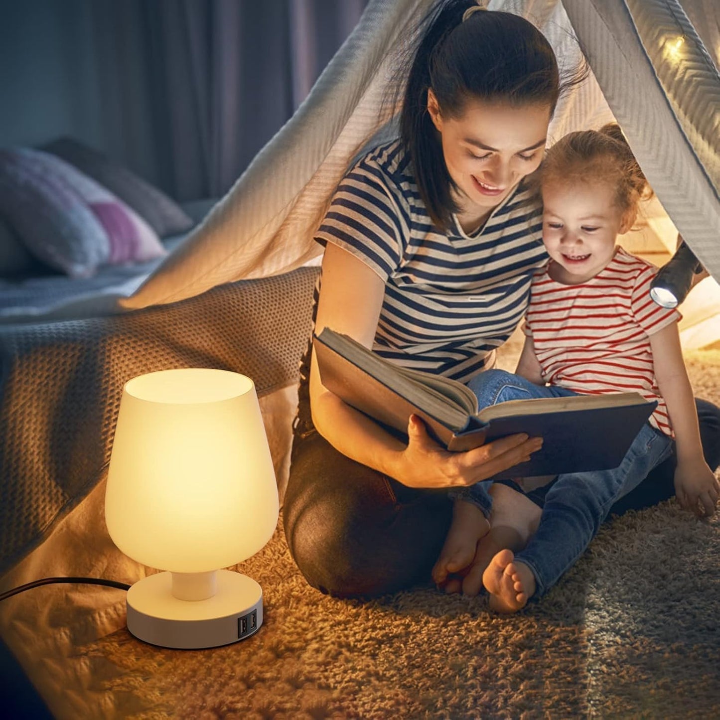 Touch Bedside Table Lamp with 2 USB Ports - 3 Way Dimmable Modern Small Lamps for Bedroom Living Room Nightstand, Desk Lamps with White Opal Glass Lamp Shade, Warm LED Bulb, Bulb Included