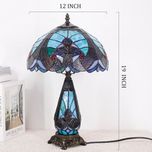 Tiffany Lamp Stained Glass Table Lamp 12X19 Inches Mother Daughter Vase Desk Accent Night Light for Bedroom Bedside Reading Home Antique Style (Green Liaison)