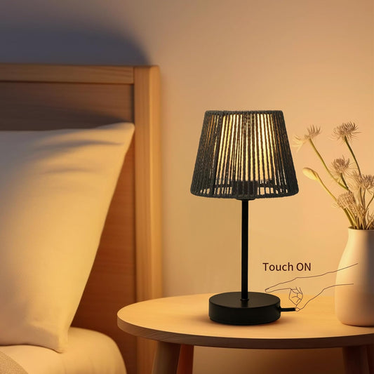 Touch Boho Lamp Dimmable, 3-Way Bedside Table Lamp 14.2", Rope Light for Bedroom Nightstand Farmhouse, Bulb Included, 2 Packs (Black)
