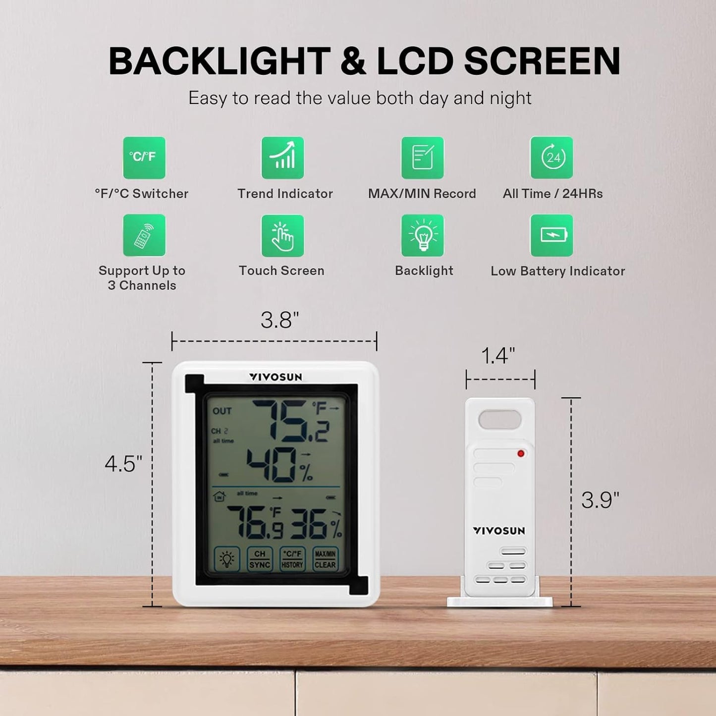 VIVOSUN Indoor Outdoor Thermometer Wireless Digital Hygrometer Temperature and Humidity Monitor with Touchscreen LCD Backlight, 200ft/60m Range, Battery Included